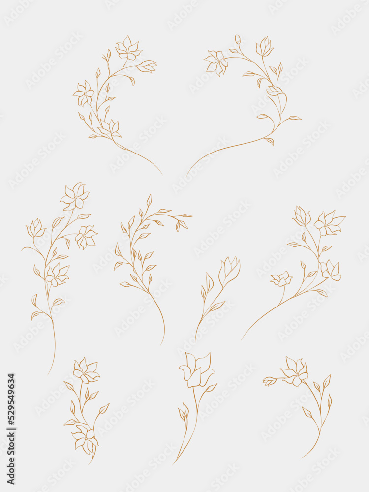 Botanical art set with flower branches in golden line style. Vector set with hand drawn flowers and leaves for the design of frames, invitations, business cards, textiles, wallpapers, decor, print.
