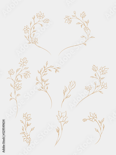 Botanical art set with flower branches in golden line style. Vector set with hand drawn flowers and leaves for the design of frames, invitations, business cards, textiles, wallpapers, decor, print.