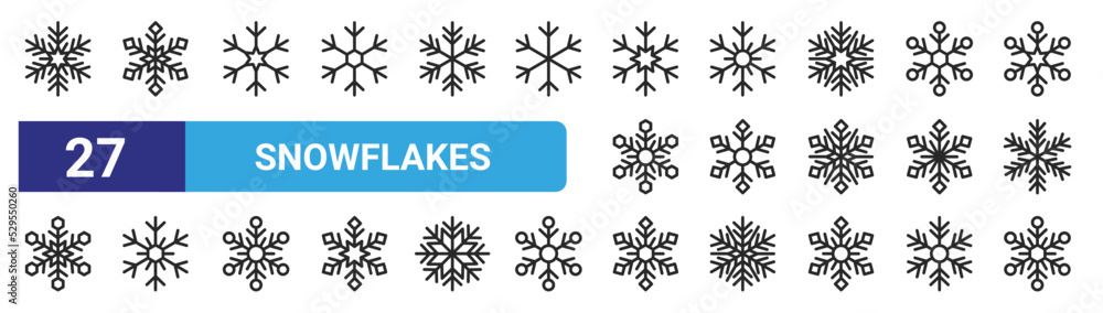 set of 27 outline web snowflakes icons such as snowflake, snowflake, snowflake, vector thin icons for web design, mobile app.