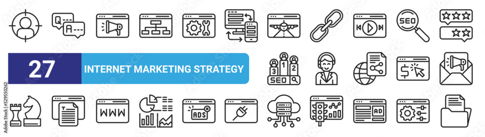 set of 27 outline web internet marketing strategy icons such as target, question, web promotion, links, customer service, website content, server, archive vector thin icons for web design, mobile set of 27 outline web internet marketing strategy icons such as target, question, web promotion, links, customer service, website content, server, archive vector thin icons for web design, mobile
