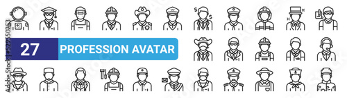 set of 27 outline web profession avatar icons such as astronaut, scholar, welder, policeman, manager, moslem, scientist, soldier vector thin icons for web design, mobile app.