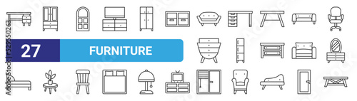 set of 27 outline web furniture icons such as desk, sideboard, window, desk, cabinet, flowerpot, window, table vector thin icons for web design, mobile app.