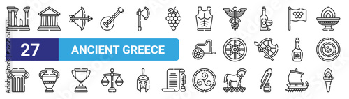set of 27 outline web ancient greece icons such as temple, parthenon, archery, caduceus, windmill, amphora, triskele, torch vector thin icons for web design, mobile app.