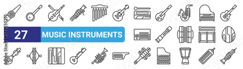 set of 27 outline web music instruments icons such as kazoo, banjo, cello, bass, flute, cymbals, rattle, oboe vector thin icons for web design, mobile app.