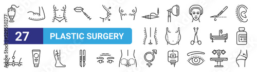 set of 27 outline web plastic surgery icons such as laser, arm, torso, anesthesia, belly, cream, gender, belly vector thin icons for web design, mobile app.
