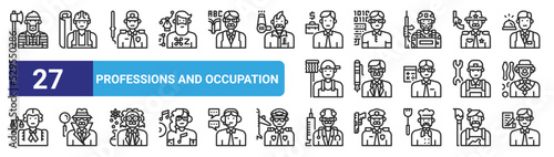 set of 27 outline web professions and occupation icons such as lumberjack, engineer, security man, computer scientist, ceo, detective, doctor, clerk vector thin icons for web design, mobile app.