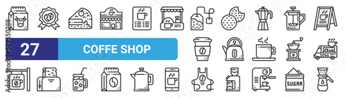set of 27 outline web coffe shop icons such as milk, guarantee, cake, cookie, kettle, toaster, apron, dripper vector thin icons for web design, mobile app.