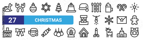 set of 27 outline web christmas icons such as rocking horse, earmuffs, bauble, skiing, decoration, bow, gingerbread house, christmas wreath vector thin icons for web design, mobile app.