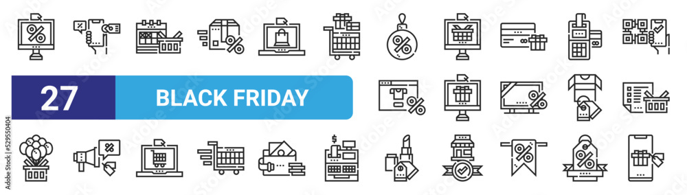 Obraz premium set of 27 outline web black friday icons such as discounts, online shopping, calendar, online shopping, gift, promotion, lipstick, smartphone vector thin icons for web design, mobile app.