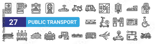 set of 27 outline web public transport icons such as mobile, ticket hine, ticket office, route, scooter, seat, double decker bus, motorbike vector thin icons for web design, mobile app.
