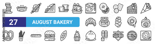 set of 27 outline web august bakery icons such as aron, hotdog, rolling, bagel, brownie, bread, bun, focaccia vector thin icons for web design, mobile app.