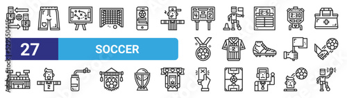 set of 27 outline web soccer icons such as substitution, shorts, strategy, training, soccer jersey, soccer player, red card, vector thin icons for web design, mobile app.