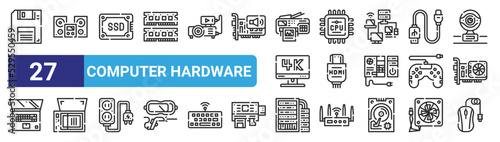 set of 27 outline web computer hardware icons such as diskette, speaker, ssd drive, processor, hdmi cable, scanner, server, computer vector thin icons for web design, mobile app.