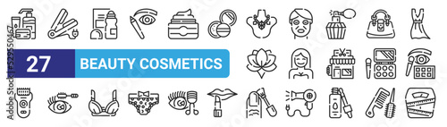 set of 27 outline web beauty cosmetics icons such as skincare, straightener, deodorant, facial mask, woman, mascara, nail polish, scales vector thin icons for web design, mobile app.