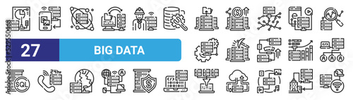 set of 27 outline web big data icons such as visualization, mobile, science, money, data, support, query, wireless vector thin icons for web design, mobile app.