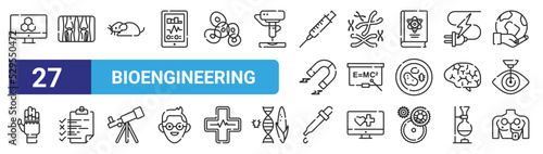 set of 27 outline web bioengineering icons such as computer, x ray, mouse, chromosome, formula, project, dropper, monitoring vector thin icons for web design, mobile app.