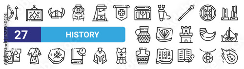 set of 27 outline web history icons such as bow, painting, viking, quiver, fossil, toga, amphora, meteor vector thin icons for web design, mobile app.