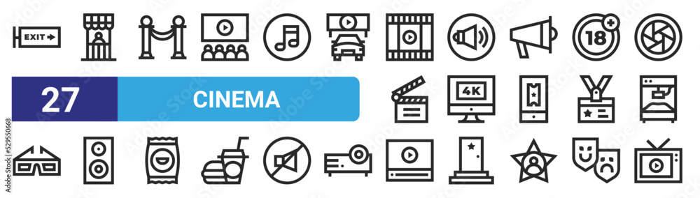 set of 27 outline web cinema icons such as exit, ticket office, barrier, speaker, k, speaker, video player, tv vector thin icons for web design, mobile app. set of 27 outline web cinema icons such as exit, ticket office, barrier, speaker, k, speaker, video player, tv vector thin icons for web design, mobile app.