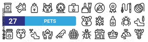 set of 27 outline web pets icons such as pet food, treats, hen, no poop, turtle, dog, beetle, lobster vector thin icons for web design, mobile app.