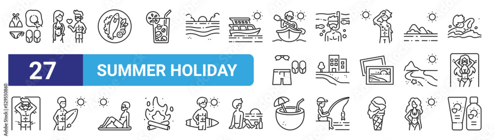 set of 27 outline web summer holiday icons such as outfit, flirt, fish, diver, beach, surfer, coconut water, sunscreen vector thin icons for web design, mobile app. set of 27 outline web summer holiday icons such as outfit, flirt, fish, diver, beach, surfer, coconut water, sunscreen vector thin icons for web design, mobile app.