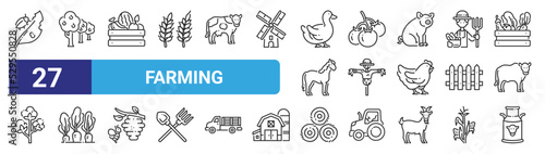 Fotografiet set of 27 outline web farming icons such as pests, tree, fruits, tomatoes, scarecrow, carrot, hay bale, milk tank vector thin icons for web design, mobile app