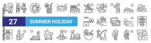 set of 27 outline web summer holiday icons such as outfit, flirt, fish, diver, beach, surfer, coconut water, sunscreen vector thin icons for web design, mobile app.
