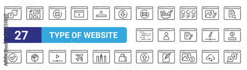 set of 27 outline web type of website icons such as faq, website, error page, healthy food, account, shipping, upload, translate vector thin icons for web design, mobile app.