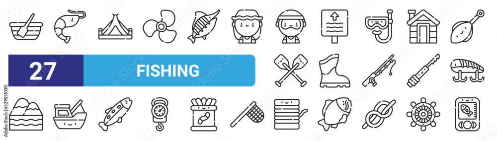 set of 27 outline web fishing icons such as boat, shrimp, tent, river, boots, boat, fishing reel, radar vector thin icons for web design, mobile app. set of 27 outline web fishing icons such as boat, shrimp, tent, river, boots, boat, fishing reel, radar vector thin icons for web design, mobile app.