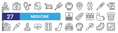 set of 27 outline web medicine icons such as microscope, briefcase, stethoscope, hospital, ointment, dropper, lungs, x ray vector thin icons for web design, mobile app.