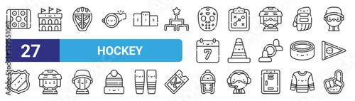 set of 27 outline web hockey icons such as rink, stadium, hockey helmet, tactics, cone, hockey player, shin guards, hand vector thin icons for web design, mobile app.