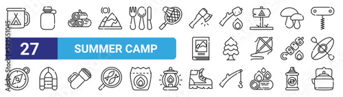 set of 27 outline web summer camp icons such as cup, flask, firewood, marshmallows, pine, inflatable boat, boot, teapot vector thin icons for web design, mobile app.