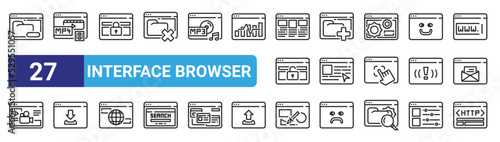 set of 27 outline web interface browser icons such as remove, media, lock, add, website, download, paint, http vector thin icons for web design, mobile app.