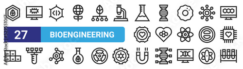 set of 27 outline web bioengineering icons such as biotechnology, cell, coding, dna, bond, test tube, magnetism, test tubes vector thin icons for web design, mobile app.