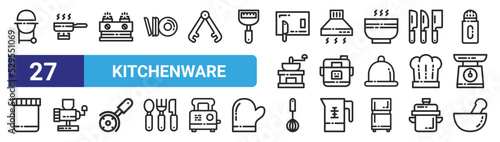 set of 27 outline web kitchenware icons such as barbeque, pan, stove, extractor, rice cooker, meat grinder, mixer, mortar vector thin icons for web design, mobile app.