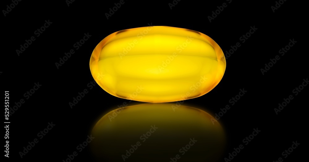 3d illustration of a yellow capsule with a small omega, lying on a black mirror surface with reflection. Banner for advertising luxury dietary supplements. 3d illustration of a yellow capsule with a small omega, lying on a black mirror surface with reflection. Banner for advertising luxury dietary supplements.
