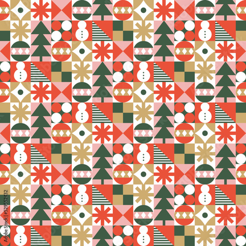 Seamless pattern with geometric Christmas motifs. Repeatable pattern tile design for winter holidays in neo geometric style. For wrapping paper, wallpaper, textile, poster background, etc.