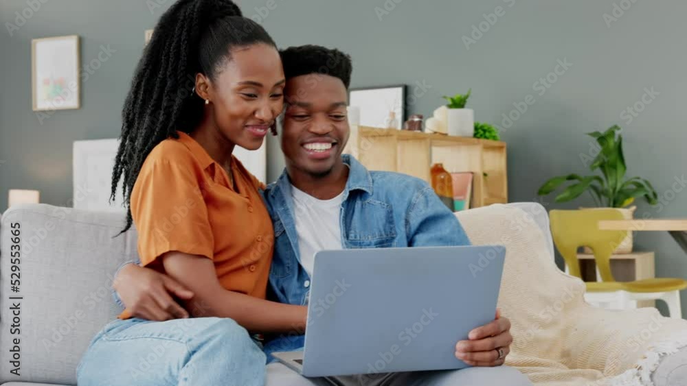 Black couple, laptop and streaming service subscription with young man and woman sharing love, hug and happiness while on the sofa. Happy lovers browsing internet and watching movies with home wifi Black couple, laptop and streaming service subscription with young man and woman sharing love, hug and happiness while on the sofa. Happy lovers browsing internet and watching movies with home wifi