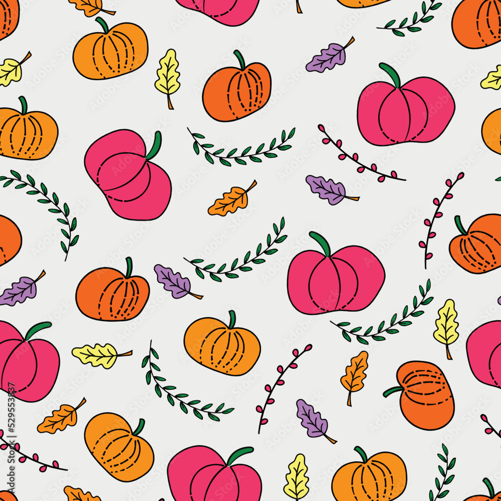 Fall hand-drawn doodles of pumpkins and autumn leaves on a seamless repeating background Fall hand-drawn doodles of pumpkins and autumn leaves on a seamless repeating background