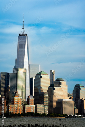New York  NY - USA - Sept 3  2022 Vertical view of New York City s Financial district in downtown Manhattan  including the World Trade Center  seen from the Hudson River.