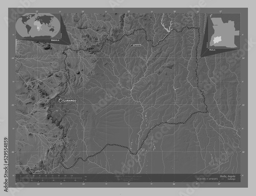 Huila, Angola. Grayscale. Labelled points of cities photo