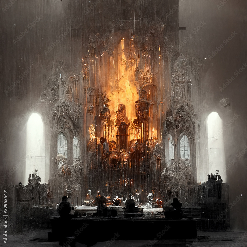 gothic cathedral interiors burning orchestra playing the song of chaos concept artwork illustration