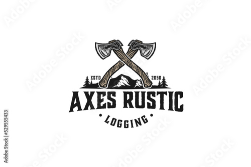 Axes rustic wood work logging logo axe design carpenter badge emblem style mountain forest logging