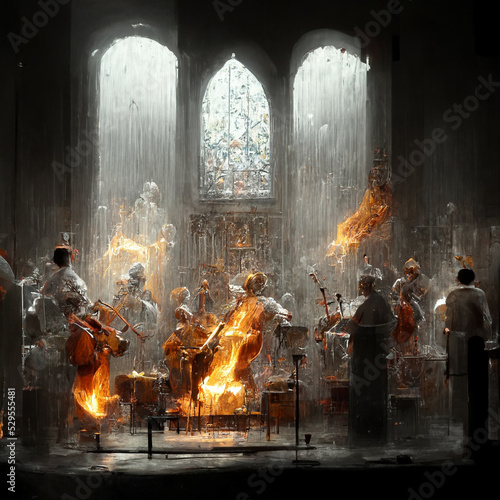 gothic cathedral interiors burning orchestra playing the song of chaos concept artwork illustration