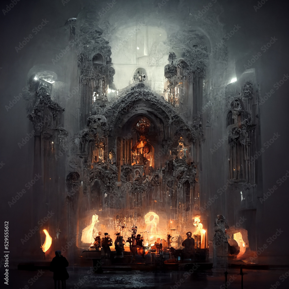 gothic cathedral interiors burning orchestra playing the song of chaos concept artwork illustration