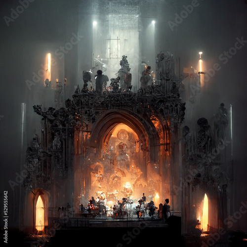 gothic cathedral interiors burning orchestra playing the song of chaos concept artwork illustration