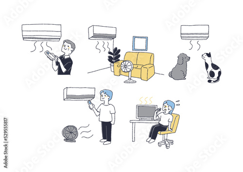 夏の熱中症対策にエアコンや扇風機を使用する人々のセット