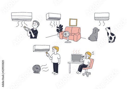 夏の熱中症対策にエアコンや扇風機を使用する人々のセット