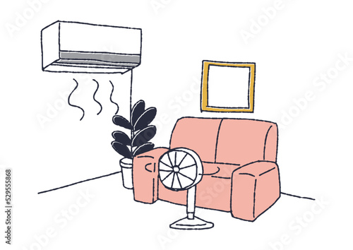 エアコンと扇風機を併用し節電している様子