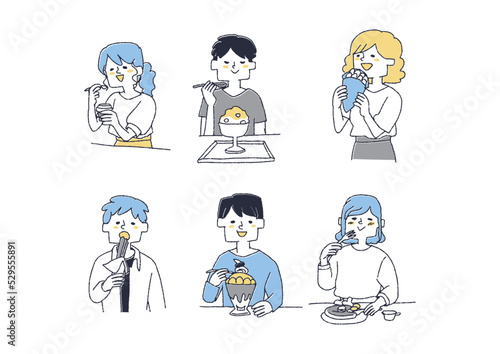 美味しそうにスイーツを食べている人々のセット