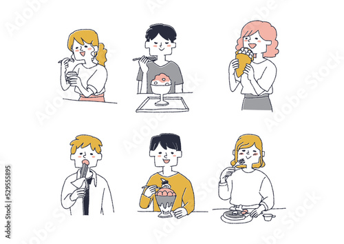 美味しそうにスイーツを食べている人々のセット